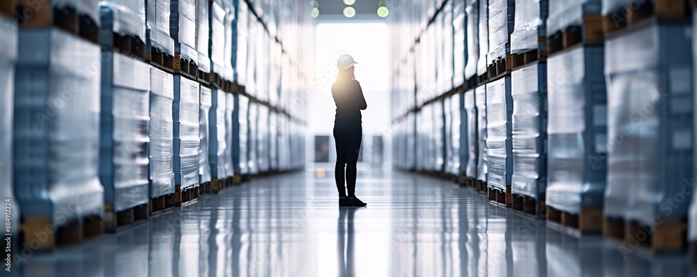 Aufkleber against a backdrop of cargo in a warehouse, the silhouette of a manager emphasizes the scale of logi