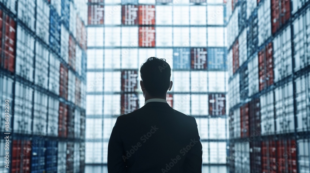 Poster The silhouette of a manager surveys a large warehouse with cargo containers systematically arranged. The spacious environment and effective logistics setup provide ample copy space for different uses.