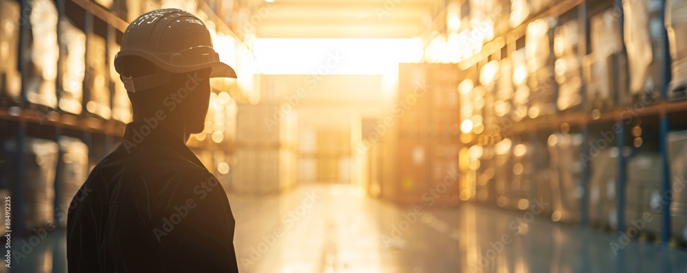 Aufkleber against a backdrop of cargo in a warehouse, the silhouette of a manager emphasizes the scale of logi