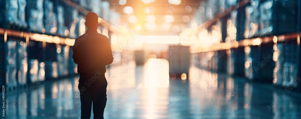 Aufkleber against a backdrop of cargo in a warehouse, the silhouette of a manager emphasizes the scale of logi
