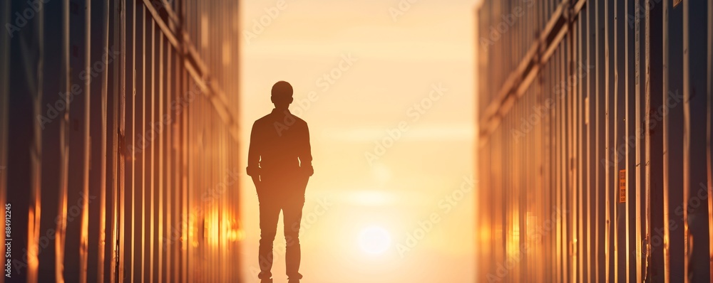Aufkleber Against a backdrop of cargo in a warehouse, the silhouette of a manager emphasizes the scale of logistics operations. The image features generous copy space for branding or messaging.