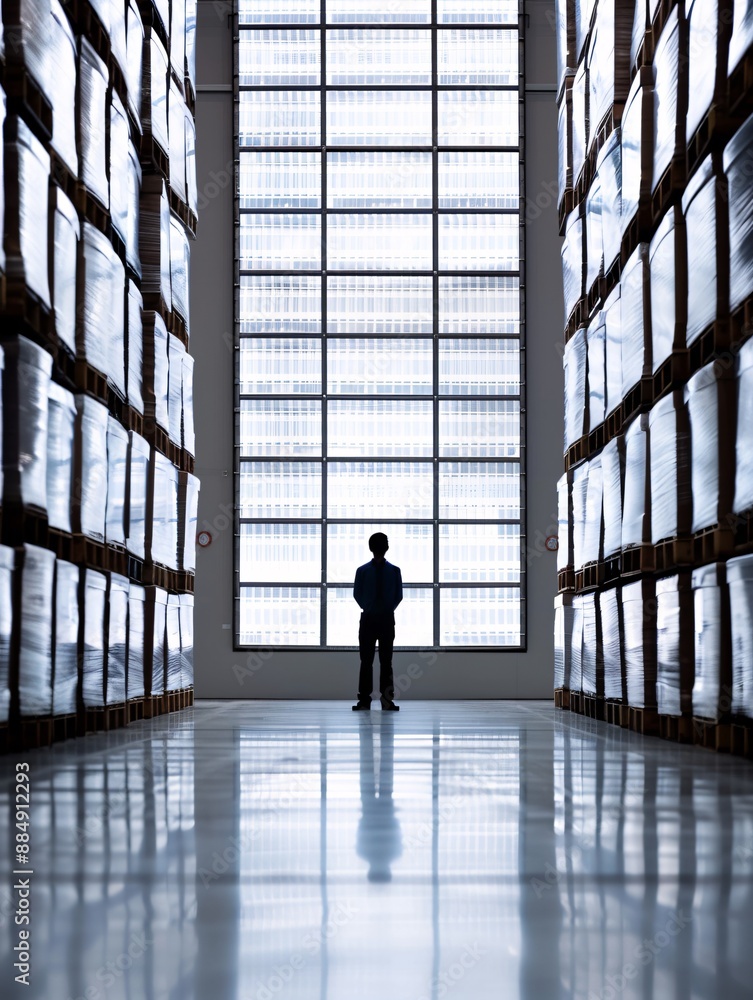 Poster the silhouette of a manager in a large warehouse filled with cargo highlights the efficiency of logi