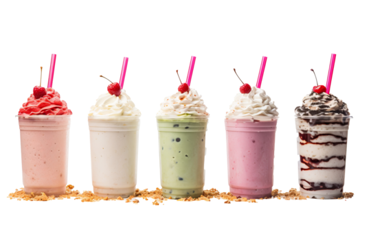 Delicious milkshakes with strawberries, chocolate, and vanilla flavors PNG on transparent background for food and beverage designs