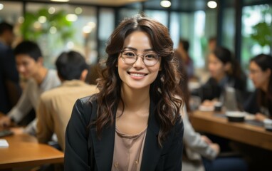 A woman wearing glasses and a black jacket is smiling at the camera. She is surrounded by other people in a cafe