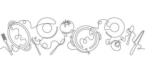 Vector illustration with utensils and vegetables isolated on white background. Graphic element for kitchen poster, advertising food blog or event, restaurant, cooking class, healthy eating, etc.