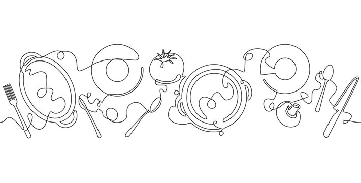 Vector illustration with utensils and vegetables isolated on white background. Graphic element for kitchen poster, advertising food blog or event, restaurant, cooking class, healthy eating, etc.