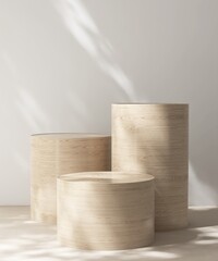 Three modern, minimal cylinder wooden pedestal table podium in dapple sunlight, shadow on white wall, beige floor for luxury organic cosmetic, skincare, body care, beauty product background 3D