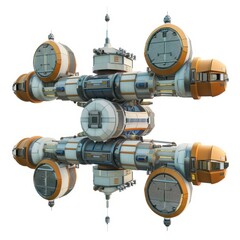 3D Render, Low Poly style of rotating space station with docking ports, on isolated white background, Generative AI
