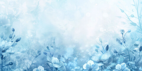 Delicate blue flowers and foliage with a soft, misty background.
