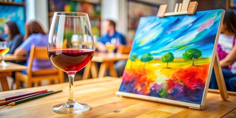 Colorful paint and sip watercolor canvas with red wine glass