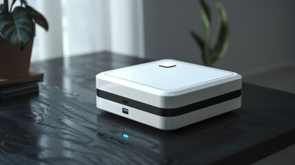 White Square-Shaped Device on a Black Tabletop