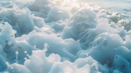 An extreme close-up of ocean waves, capturing the intricate details of the frothy white foam and the swirling light blue water beneath