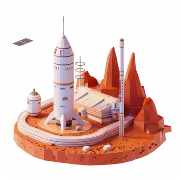 3D Render, Low Poly style of spaceport on a terraformed Mars, on isolated white background, Generative AI