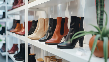 Closeup of leather and suede womens ankle boots displayed on shelves in shoe boutique