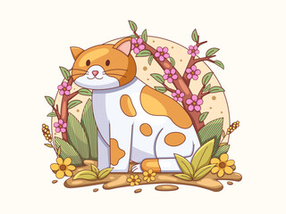 Illustration of an orange and white cat sitting comfortably, surrounded by various beautiful plants and flowers.
Perfect for cards, books, prints, covers, etc.