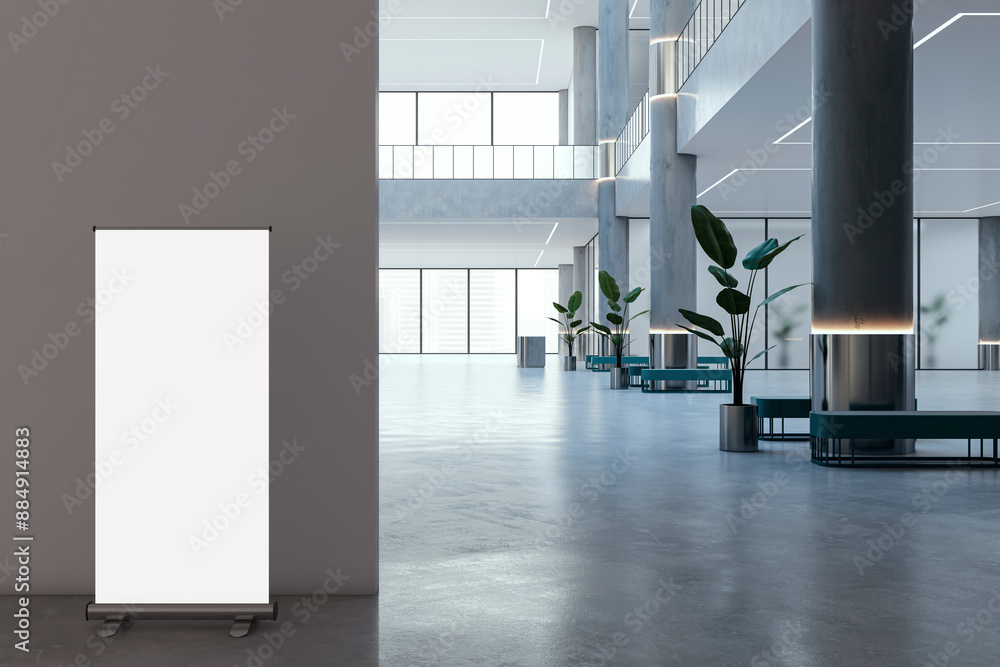 Poster modern spacious interior with empty white mock up roll-up banner, two floors, windows, daylight. 3d 
