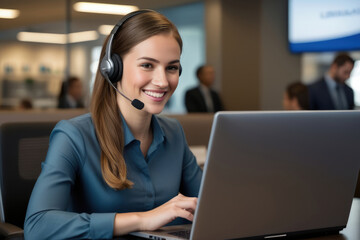Business people Wearing Telephone Headset Talking To Caller In Customer Services Department