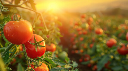 A vibrant field of tomatoes basking in the golden glow of sunset