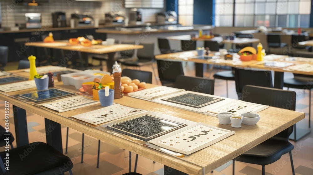 Aufkleber a cafeteria setup where tables are marked with tactile numbering systems for seating and food statio