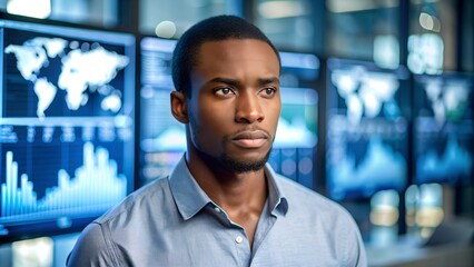 Fototapeta premium Contemplative African-American Man in Modern Office with Data Charts. Perfect for: Modern office settings, tech discussions, data analysis scenes