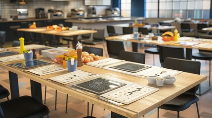 A cafeteria setup where tables are marked with tactile numbering systems for seating and food stations equipped with braille menus and lowered serving counters.