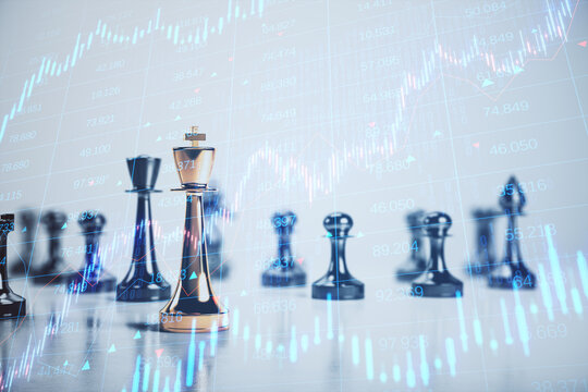 Creative chessboard with growing forex chart on blurry backdrop. Trade, strategy and stock concept. Double exposure. - Powered by Adobe
