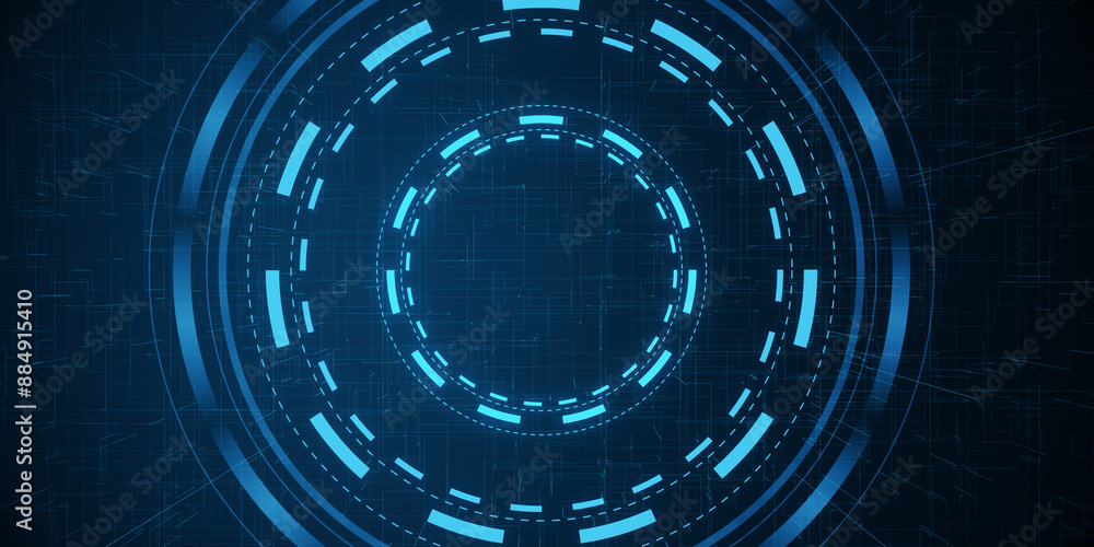 Poster creative bright blue tech wallpaper with linear circle. innovation and technology concept. 3d render
