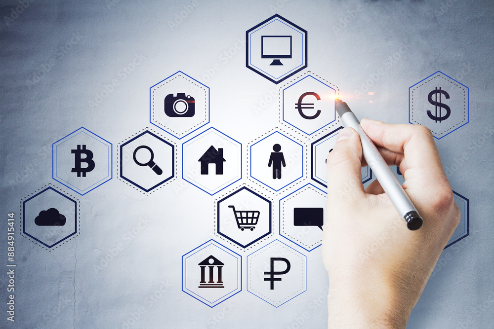 Poster close up of hand drawing creative hexagonal pattern business sketch on concrete wall background. suc