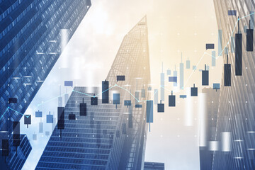 Creative city backdrop with upward forex chart. Stock and trade concept. Toned image. Double...