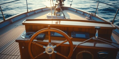 A wooden ship's wheel on the deck of an old sailboat, with waves crashing in the background and the setting sun creating long shadows. Historic ships concept.