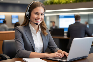 Business people Wearing Telephone Headset Talking To Caller In Customer Services Department
