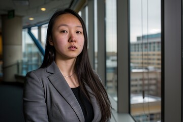 Young gorgeous Asian woman posing for corporate portfolio in the office room. Dress code. Firm. Employee. Grey jacket and black blouse. HR staff, recruiter. Manager, executive
