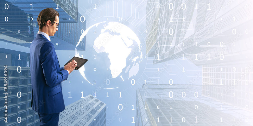 Poster attractive young european businessman using tablet with light digital globe on bright tech city back