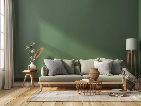 5. Contemporary living room in Scandinavian style, showcasing a green accent wall, light wooden flooring, and a comfortable gray sofa with pillows and a throw, complemented by a sleek side table with