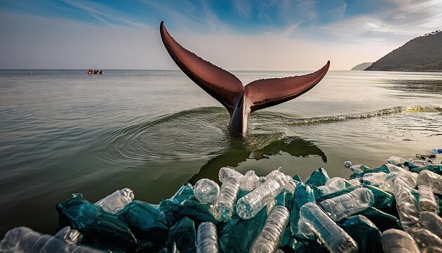 Whale in ocean with plastic bottles
