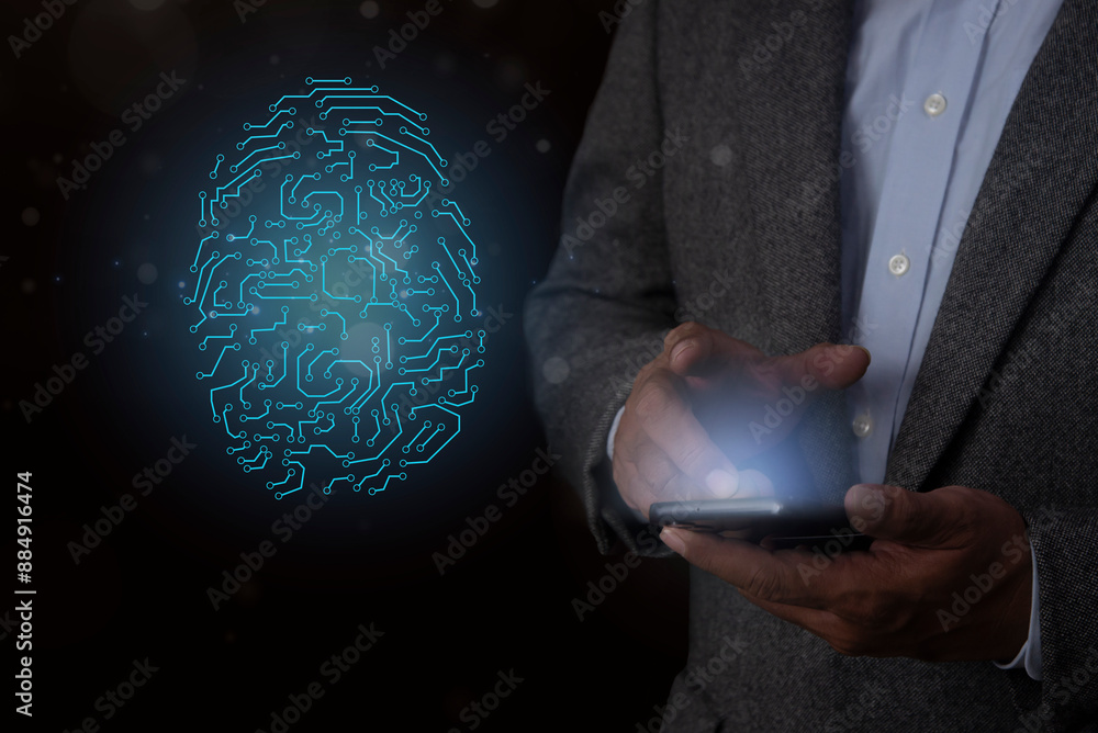 Poster businessman holding smartphone and fingerprint touching mobile phone for access to mobile phone. tec