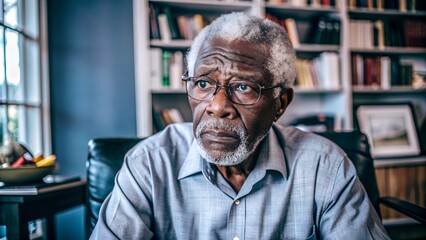 Fototapeta premium Bewildered Elderly African-American Man Indoors. Perfect for: confusion, deep thought