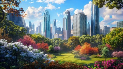 Fototapeta premium Vibrant city skyline rises above a lush, colorful urban park in springtime, creating an impactful advertising banner for environmental or real estate concepts with ample open.