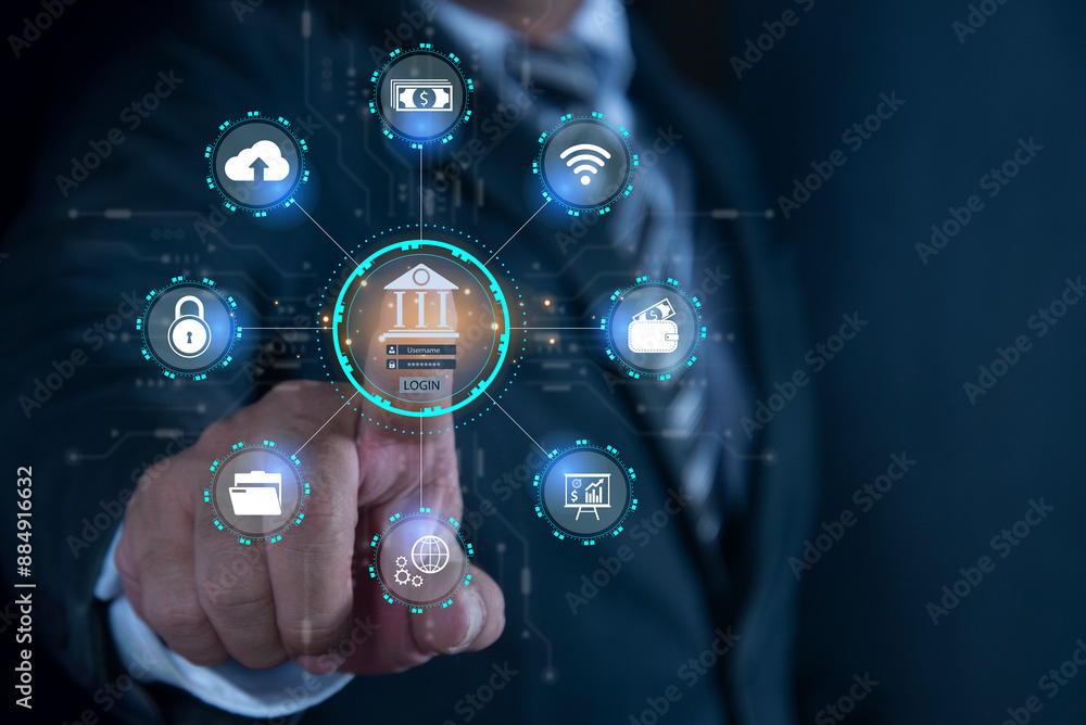 Poster businessman touching on virtual screen using mobile online banking and payments, digital banking net