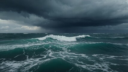 The ocean with stormy clouds and churning waves.