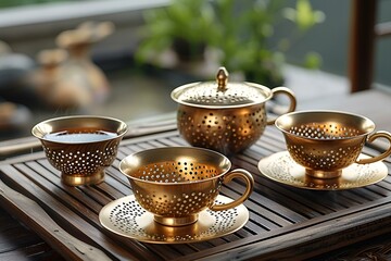 Fototapeta premium A golden tea set on a tray with a teapot.