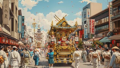 Fototapeta premium Traditional Japanese festival procession with decorated floats and crowds of people.