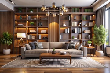3D rendering of stylish lounge area with comfortable sofa and bookshelves