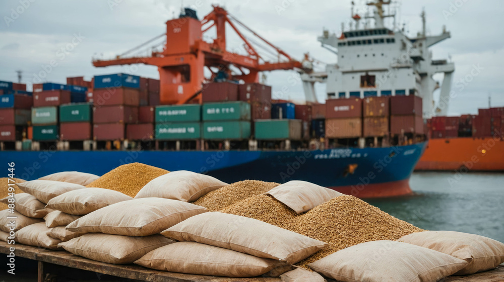 Aufkleber stacks of grain sacks and a pile of wheat in front of a large container ship at a busy port