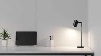 Minimalist Black Desk Lamp Illuminates White Workspace With Laptop