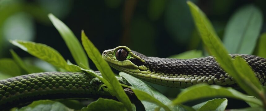 Vine snake, or Cobra Cipo, on green foliage.