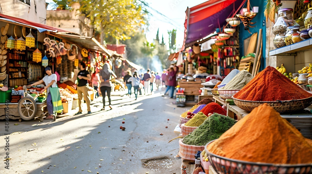 Wall mural lively street market vibrant stalls selling spices fruits and handmade crafts with people browsing a