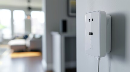 White Home Security System Mounted on a White Wall in a Modern Interior