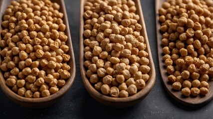 Trio of dried, cooked and roasted high fiber, protein rich legume, garbanzo beans commonly known as chickpeas.