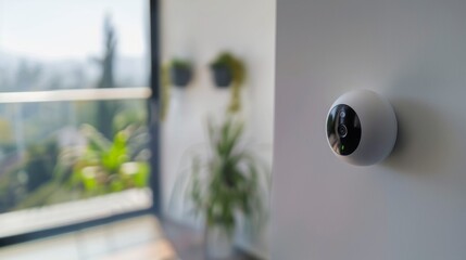 White Security Camera Mounted on a Wall Near a Window With a View of Greenery